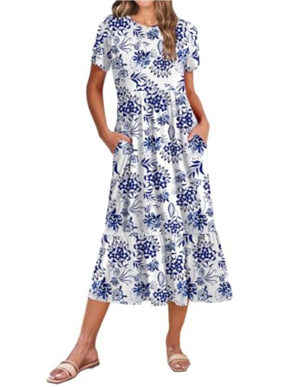 Women's Midi A-Line Dress Short Sleeve Flowy Tiered Beach Sundress with Pockets